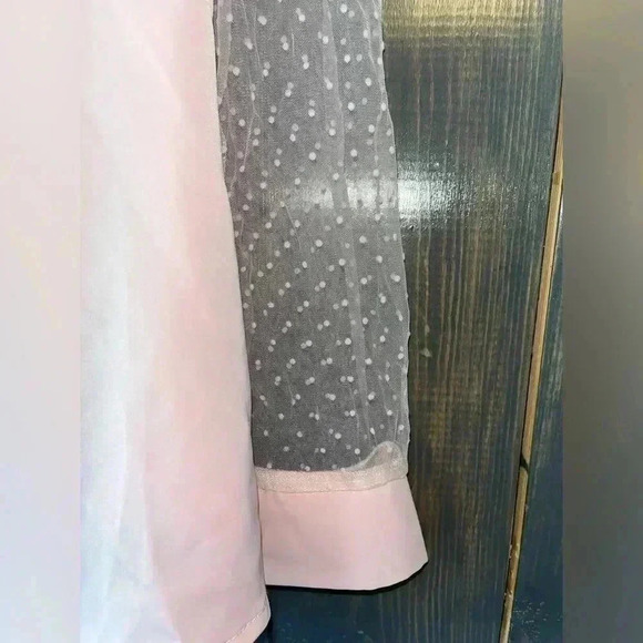 SHEIN‎ Elegant Blush Pink Bow Blouse with Mesh Dot Sleeves - Romantic Top A68 - Picture 5 of 8